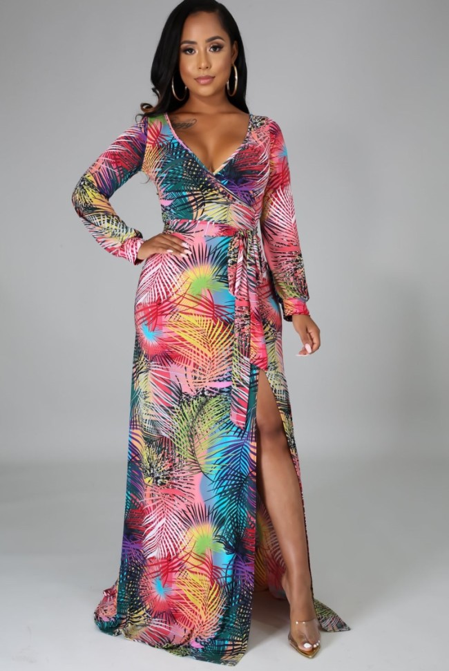 Multicolor Print Wrap V-Neck Long Sleeve Slit Maxi Dress