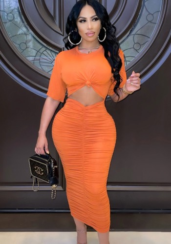 Orange Twist Half Sleeve Cut Out Ruched Slim Fit Long Dress