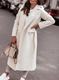 Casual White Turndown Collar Long Sleeve Long Woolen Coat with Belt