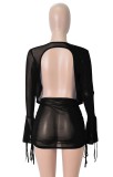 Black See Through Long Sleeve Backless Crop Top and Mini Skirt Two Piece Set