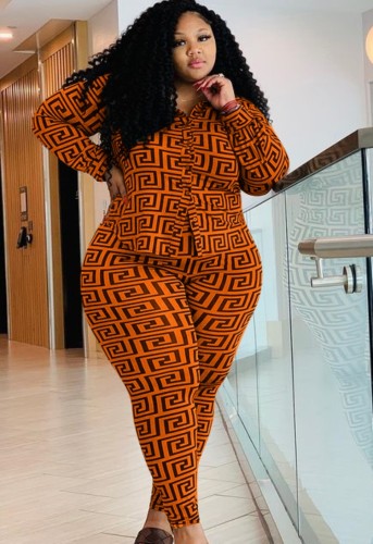 Plus Size Print Button Up Long Sleeves Blouse and Matching Pants Two Piece Set