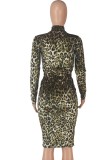 Green Leopard Knotted Zipped Up Long Sleeve Midi Dress