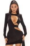 Black Cut Out O-Neck Pad Shoulder Long Sleeve Shirring Dress
