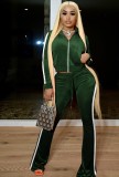 White Piping Green Velvet Long Sleeve Zip Crop Top and Tight Flared Pants Two Piece Set