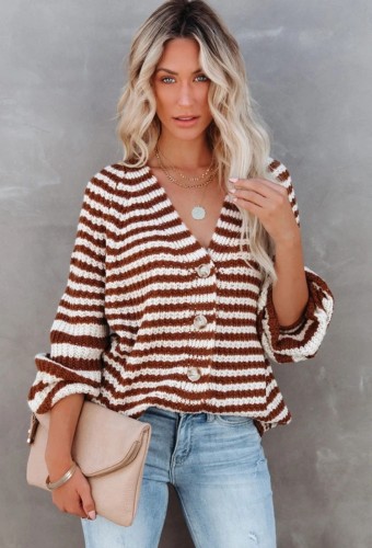 Brown Striped Button Up Long Sleeves Loose knitted Cardigan