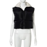 Black and Grey Sleeveless  Zipper Open Reversible Bread Jacket