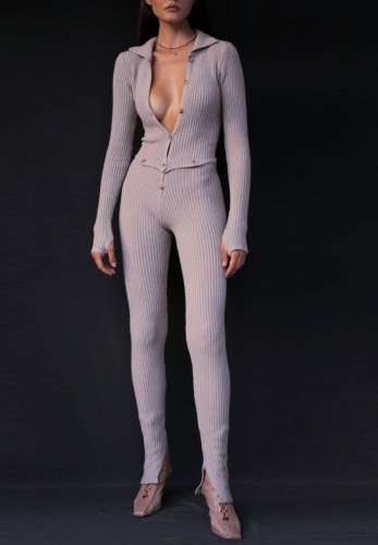 Grey Ribbed Button Up Long Sleeve Tight Jumpsuit with Thumb Hole