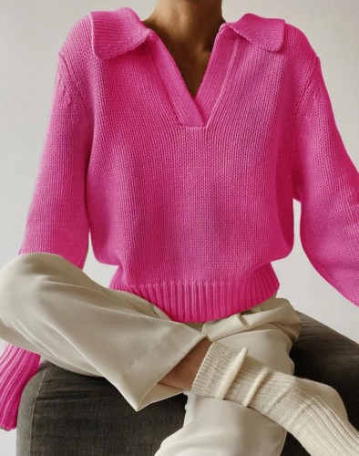Rose Turndown Collar Drop Shoulder V-Neck Sweater Top