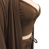 Brown Knit Cami Crop Top and Drawstring Pants with Long Cardigans Three Piece Set