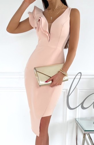 Pink Ruffles Sleeveless Asymmetric Midi Dress