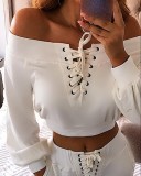 White Lace-Up Off Shoulder Long Sleeves Crop Top and Tight Pants Two Piece Set