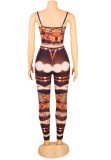 Print Orange Lace Up Cami Slim Fit Jumpsuit