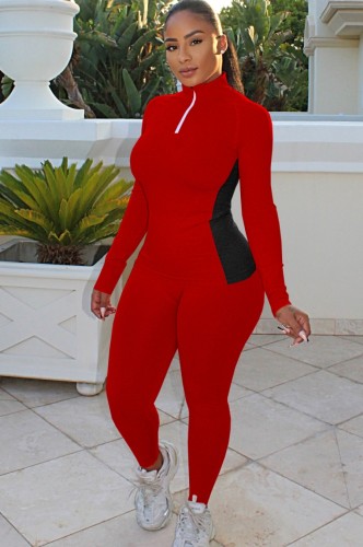 Color Block Red Zipper Collar Top and Pants Two Piece Set