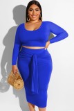Plus Size Blue Long Sleeves U-Neck Crop Top and Tie Midi Skirt Two Piece Set