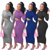 Blue Cut Out Ruched Twist Long Sleeves O-Neck Midi Bodycon Dress
