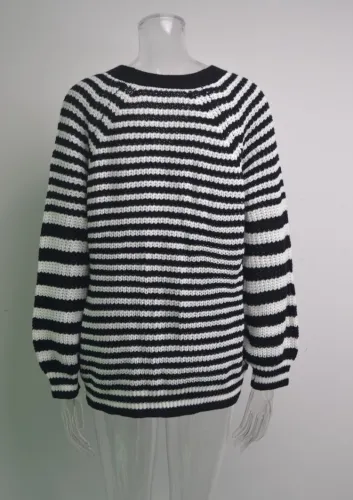 Black Striped Button Up Long Sleeves Loose knitted Cardigan