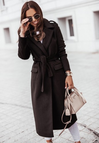 Casual Black Turndown Collar Long Sleeve Long Woolen Coat with Belt