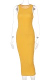 Yellow Kintted Sleeveless Fitted Long Dress