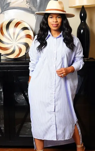 Blue Pinstripe TurnDown Collar Button Open Long Blouse Dress
