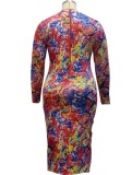 Plus Size Mulitcolor Snake Print Round Neck Fitted Long Dress
