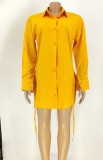 Yellow Lace Up Long Sleeve Button Up Blouse