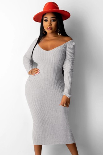 Casual Grey Knitted V-Neck Long Slim Fit Dress