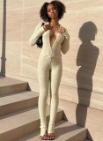 White Ribbed Button Up Long Sleeve Tight Jumpsuit with Thumb Hole