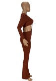 Brown Cut Out Long Sleeves V-Neck Sheath Jumpsuit