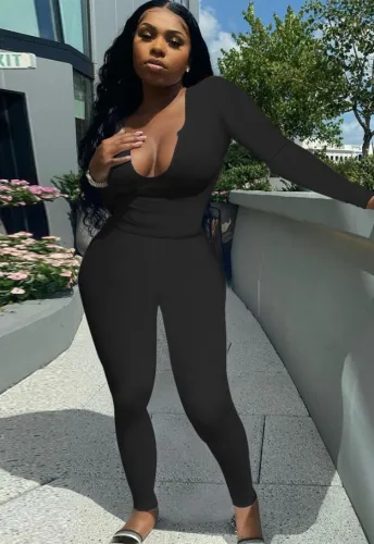 Black U-Neck Long Sleeves Slinky Top and Matching Pant Two Piece Set