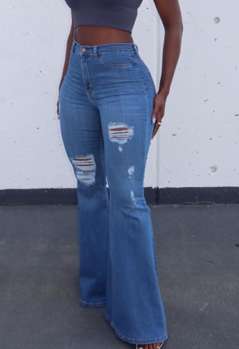 Dark Blue Ripped High Waist Flare Jeans