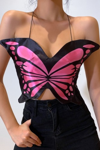 Pink Oversides Butterfly Halter Backless Cami Top