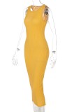 Yellow Kintted Sleeveless Fitted Long Dress