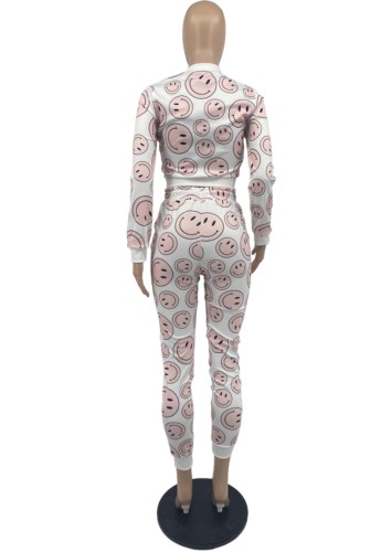 Smile Print Zipped Up Long Sleeve Crop Top and Pants Two Piece Set
