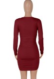 Burgundy U-Neck Scrunch Long Sleeve Slim Fit Dress