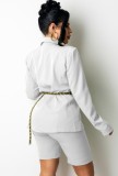 White Long Sleeve Turndown Collar Blazer and Shorts Two Piece Set