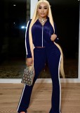 White Piping Blue Velvet Long Sleeve Zip Crop Top and Tight Flared Pants Two Piece Set