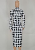 White and Black Print Button Open Long Sleeves V-Neck Long Dress