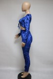Blue Velvet Long Sleeve V-Neck Crop Top and Overlap Pants Two Piece Set