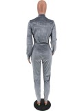 Sports Gray Velvet Zipped Up Long Sleeve Stand Collar Drawstring Jumpsuit