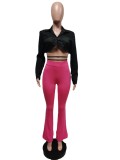 Black Short Long Sleeves Blouse and Pink Pants Two Piece Set