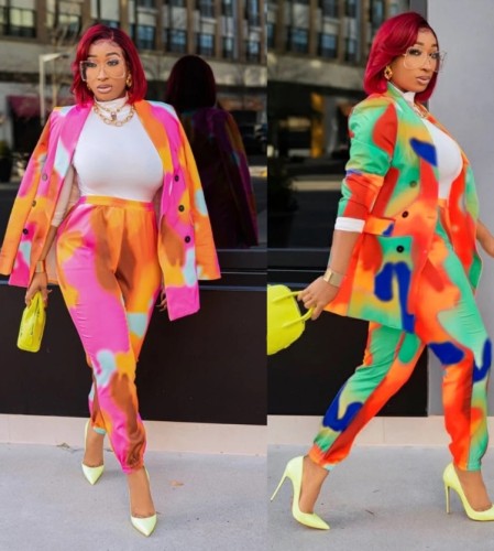 Colorful Button Long Sleeve Blazer and Matching Pants Two Piece Set