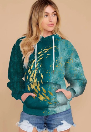 Plus Size Fish Print Long Sleeves Drawstring Hoody Top