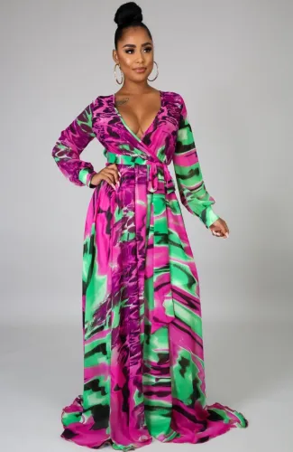 Colorful Wrap V-Neck Long Sleeve Loose Maxi Dress with Belt