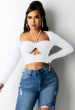 White Cut Out Long Sleeve Halter Tight Crop Top