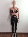 Black Leather Cut Out Halter Slim Fit Trendy Jumpsuit