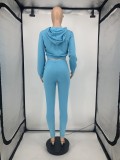 Blue Zipper Open Long Sleeves Drawstring Hoody Crop Top and Pant Two Piece Set