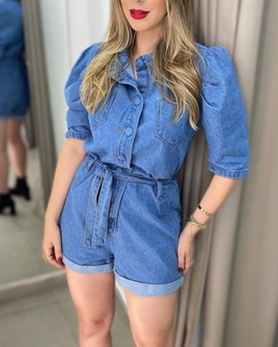 Blue Button Up Short Sleeve Denim Rompers with Belt