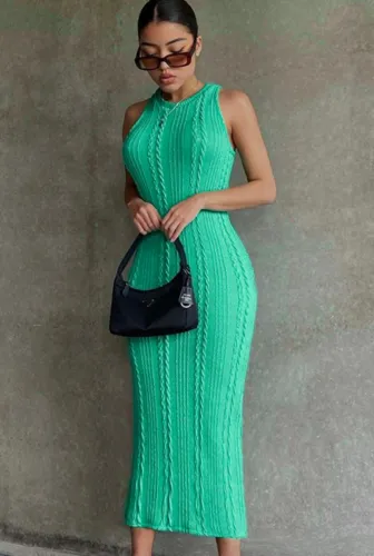Green Kintted Sleeveless Fitted Long Dress