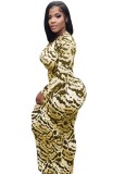 Leopard Print Long Sleeves O-Neck Midi Bodycon Dress
