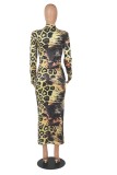 Yellow Snake Printed Zipper Up High Neck Long Dress